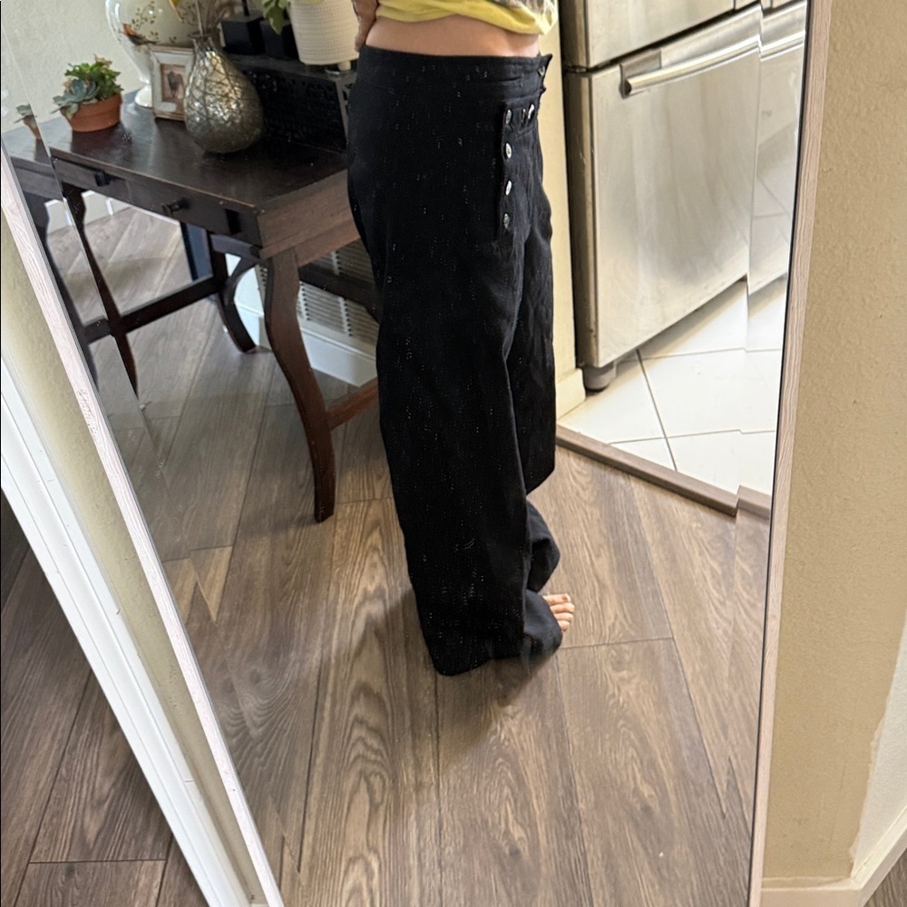 Unique wool front panel buttons Black Wide-Leg Pants sailor style - Picture 4 of 16